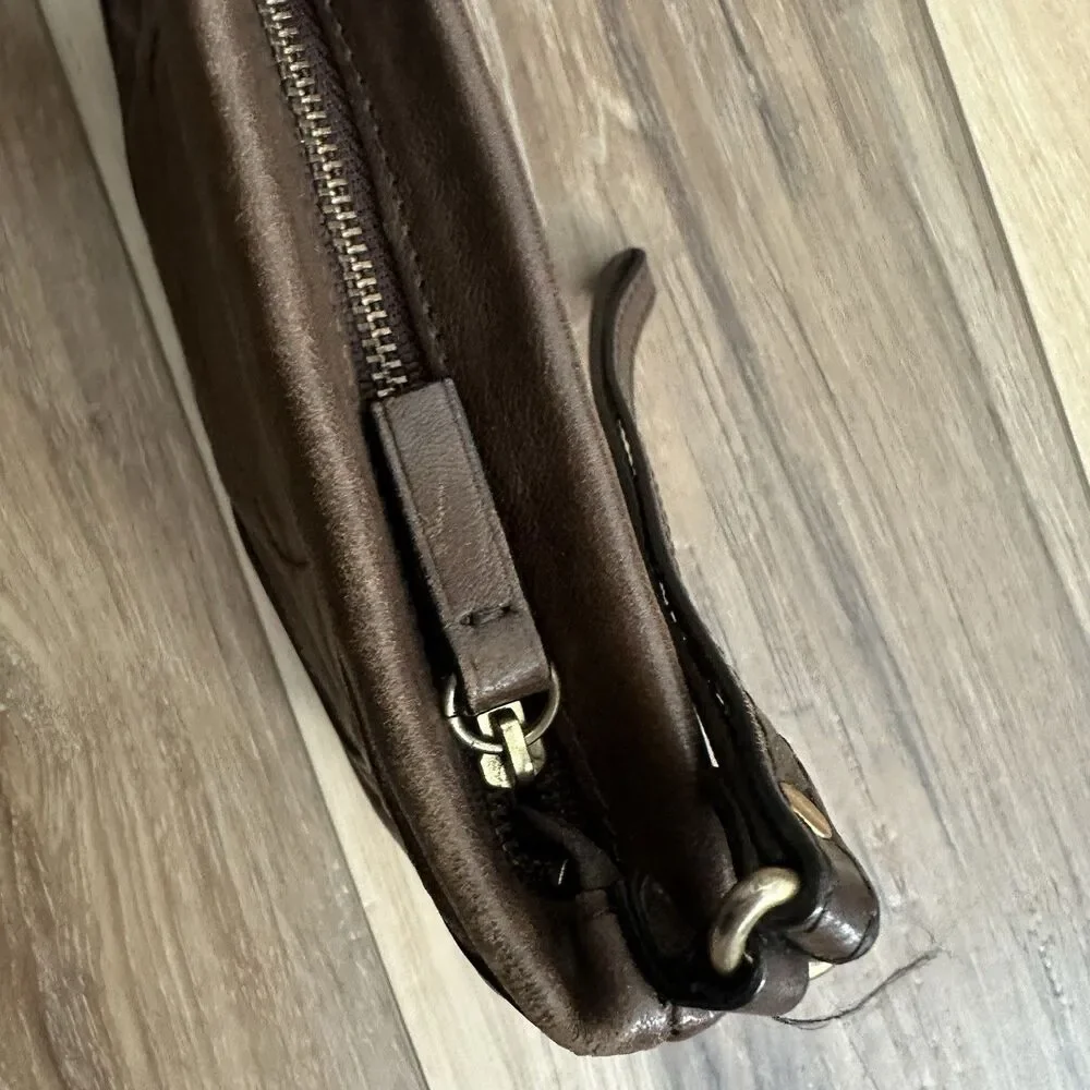 Vintage Juicy Couture Brown Leather Wristlet Crown Rhinestone Medallion Y2K Bag
